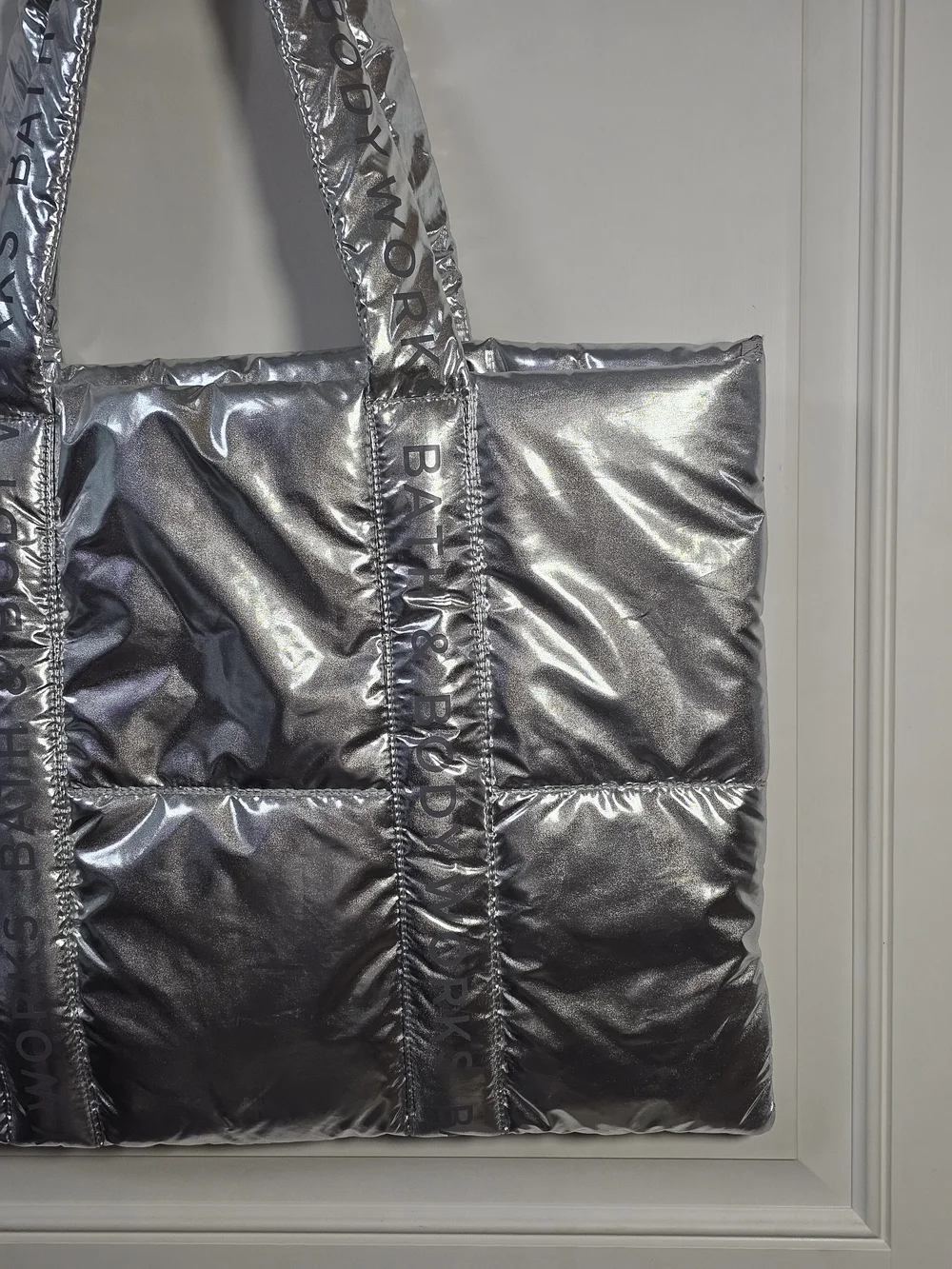 NWT Bath & Body Works Silver Metallic Puffer Tote Travel Gym Bag
